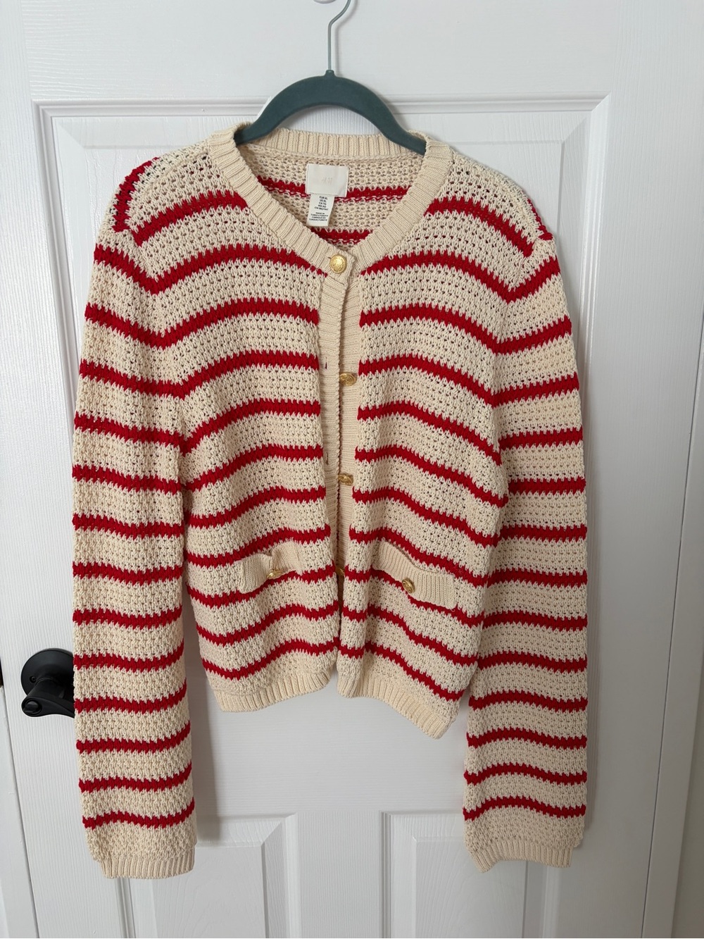 H&M Cream and Red Striped Crochet Cardigan with Gold Buttons